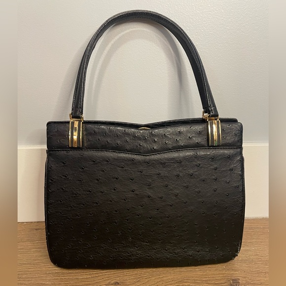 Vintage Ostrich Frame Bag Purse Black Gold Metalwork - Picture 4 of 8